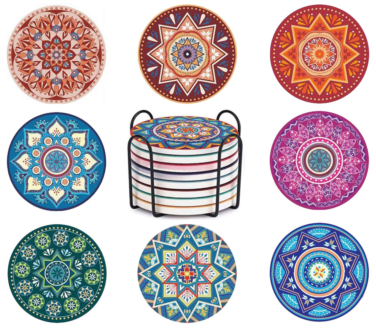 Coasters for Drinks，Set of 8 Mandala Style Coaster Set, Stone Drink Coasters with Cork Base, Cup Coasters for Table, Housewarming Presents, Kitchen Bar Decor