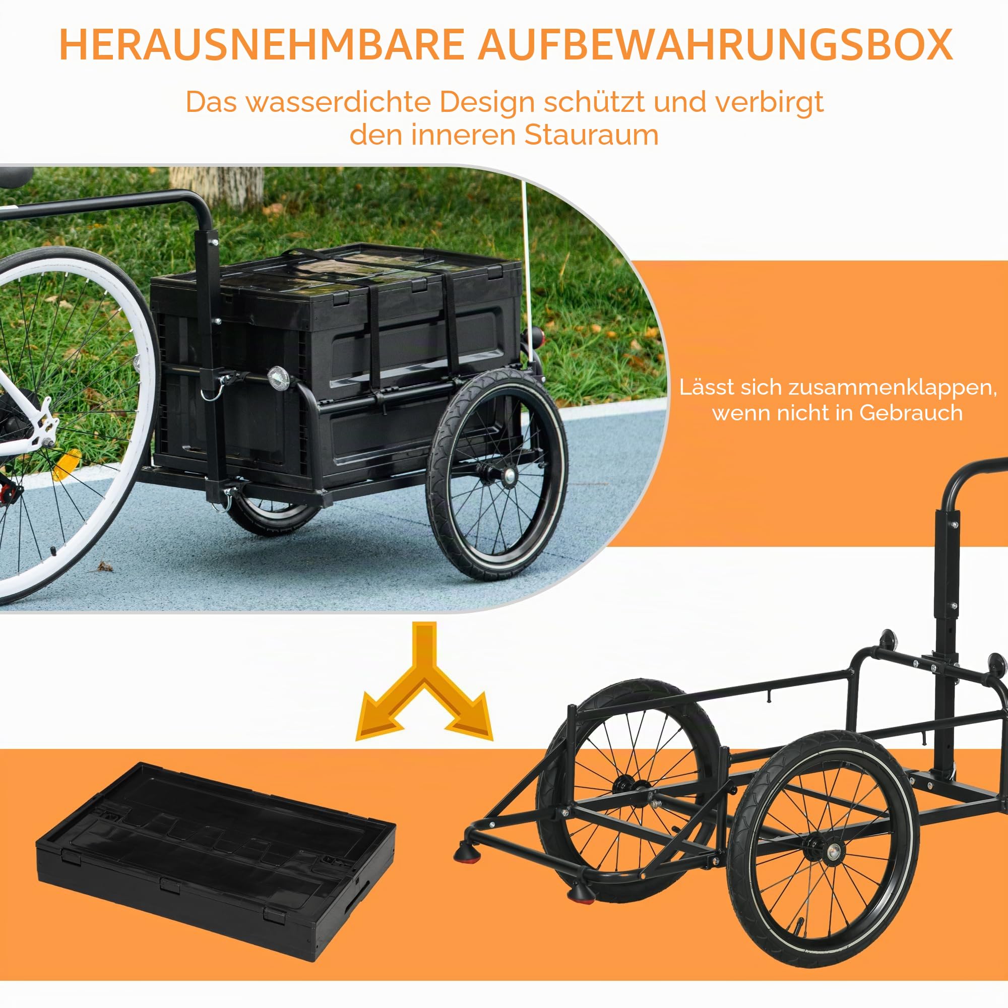 HOMCOM Fahrradanhänger mit Aufbewahrungsbox, abnehmbar und faltbar, 65 l, Reifen und Sicherheitsreflektoren, maximale Belastung 40 kg