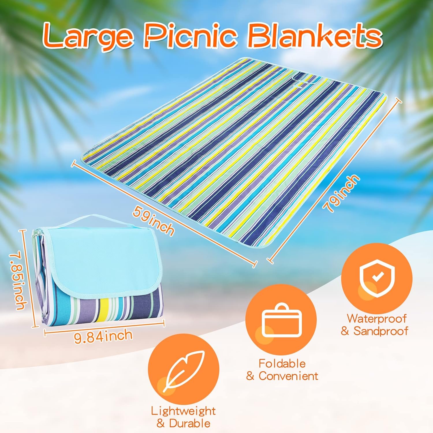 Shellwei 6 Pcs Beach Blankets Waterproof Sandproof Extra Large 80 x 60 Inch Outdoor Picnic Blankets Foldable Portable Beach Mat Tote Travel Supplies for Camping Park Grass(Blue Stripes)