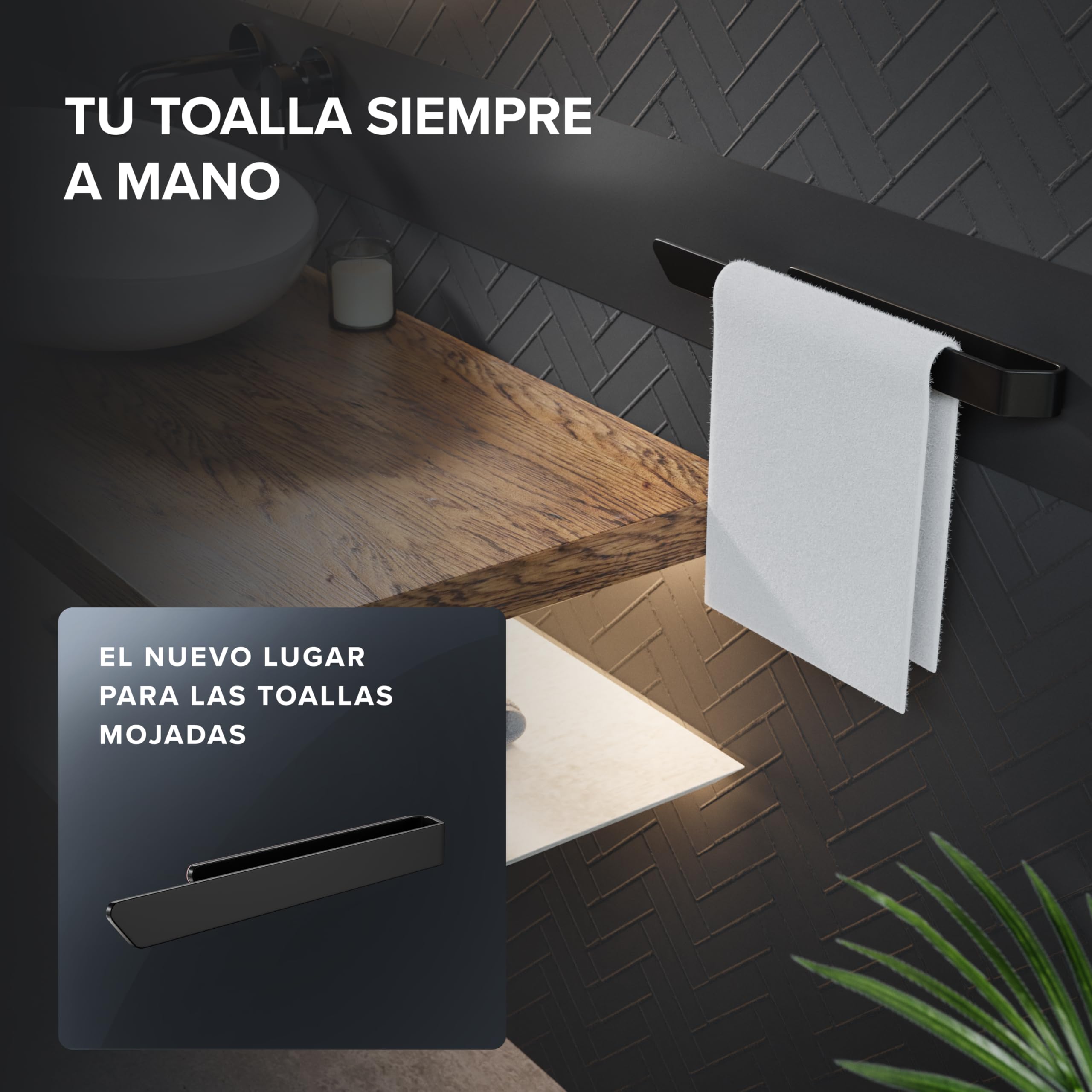 Ovimar Toallero Svenskoya Negro Aluminio Cepillado 40 Cm - Fijación Por Pegamento 3M, Sin Taladros Para Baño O Cocina