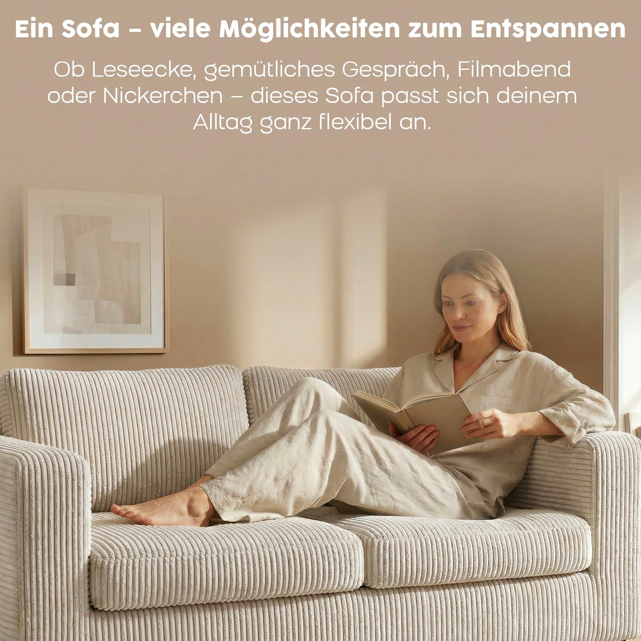 RUMMY 2-Sitzer Sofa aus Cord, kleines rahmenloses Sofa mit Cloud-Sofa-Komfort, hochelastischem Schaumstoff, Kompressionssofa und Bodensofa für Wohnzimmer, Elfenbeinweiß