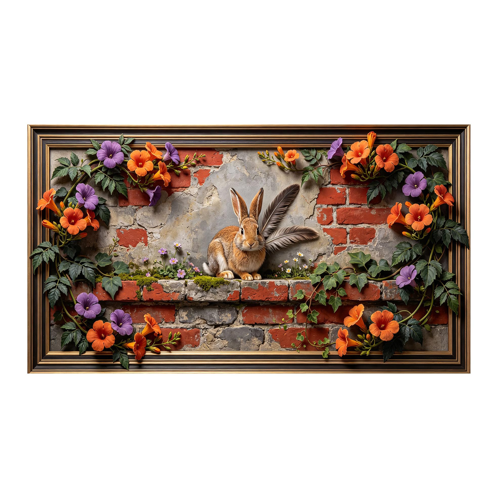 Yzpallescene 3D 3D Framed Wall Art 50cm×90cm Rustic Brick Wall Bunny Floral Botanical Large Size SelfAdhesive Removable Wall Decor Prints Artwork for Living Room Bedroom Office
