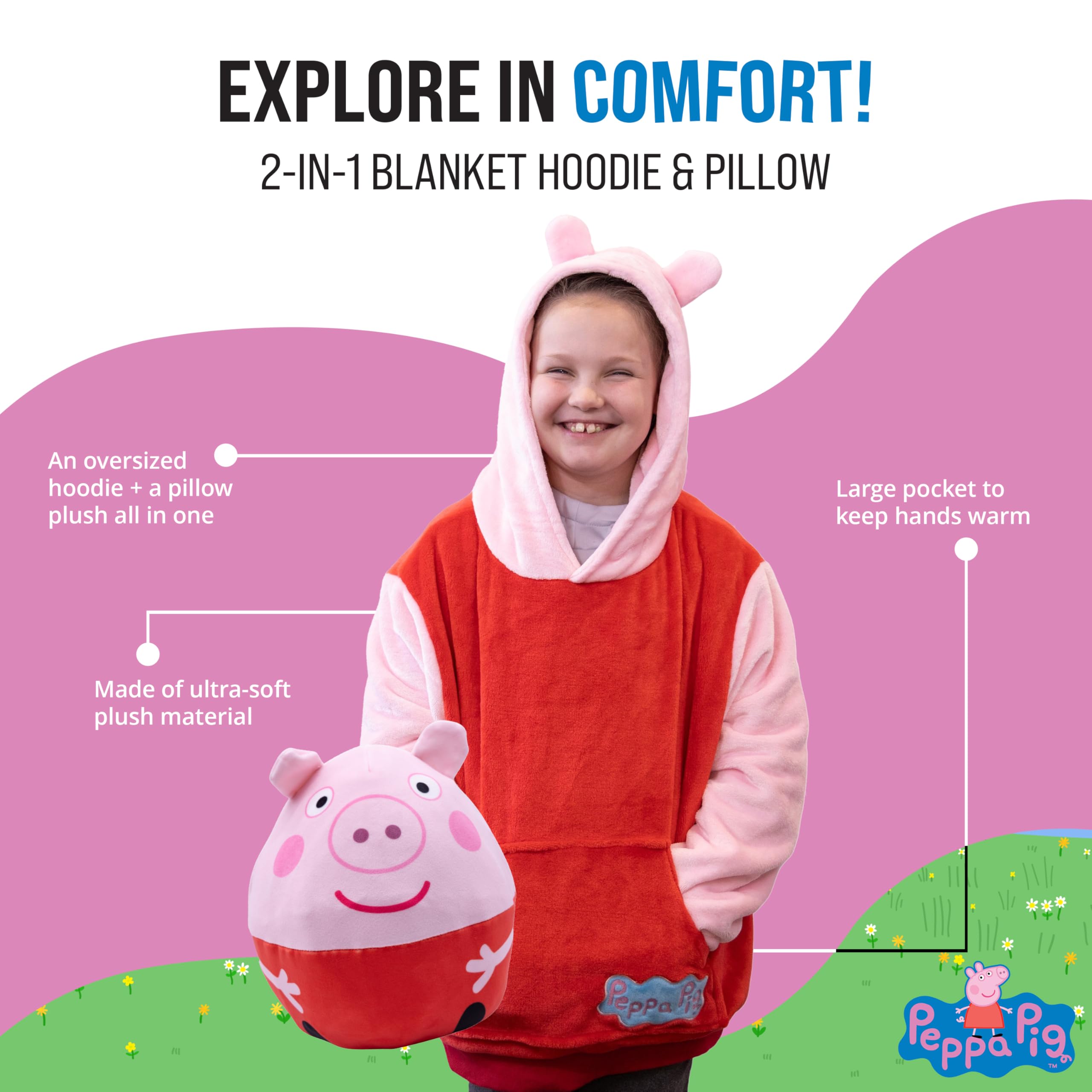 Hasbro Peppa Pig Wearable Blanket Hoodie Snugible Pillow by Plushible - Oversized Long Sleeve Sweatshirt with Front Pocket, Cozy Gifts for Kids Girls Boys