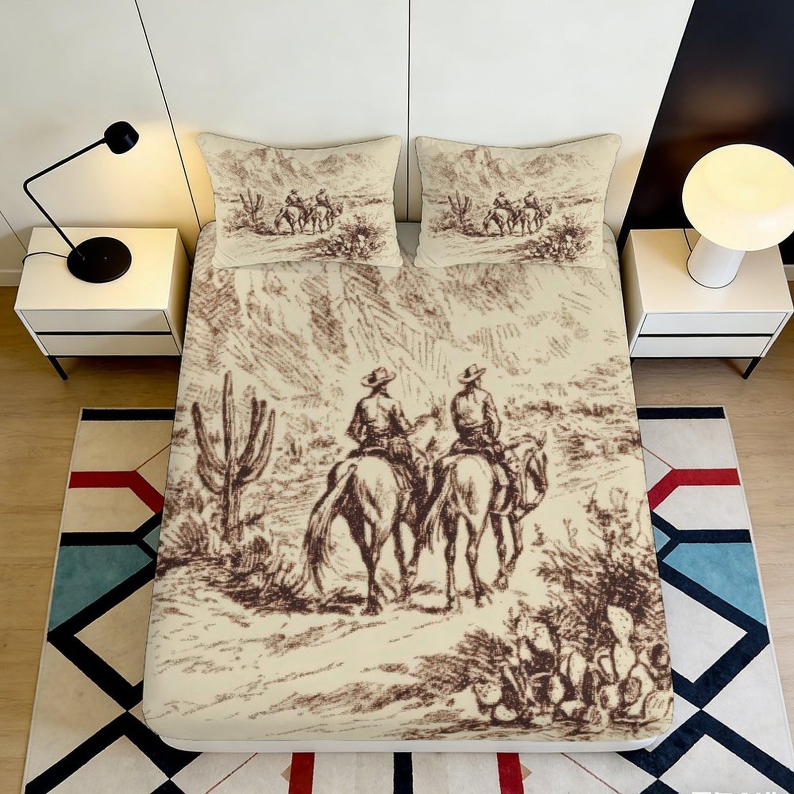 3D Printed Western Cowboy Fitted Sheet Microfiber Soft Breathable Desert Landscape Bed Cover for Bedroom Guest Room Decor 90x200x25cm