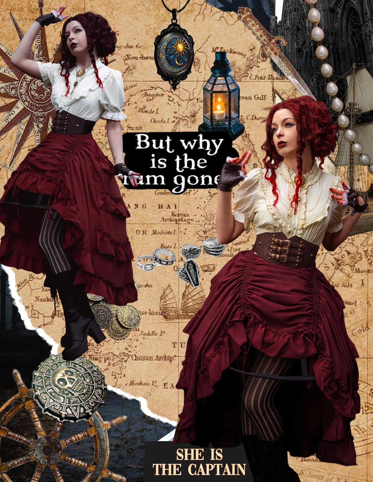 Scarlet Darkness Gonna da donna gotica, steampunk, vittoriana, sottana con orlo alto-basso