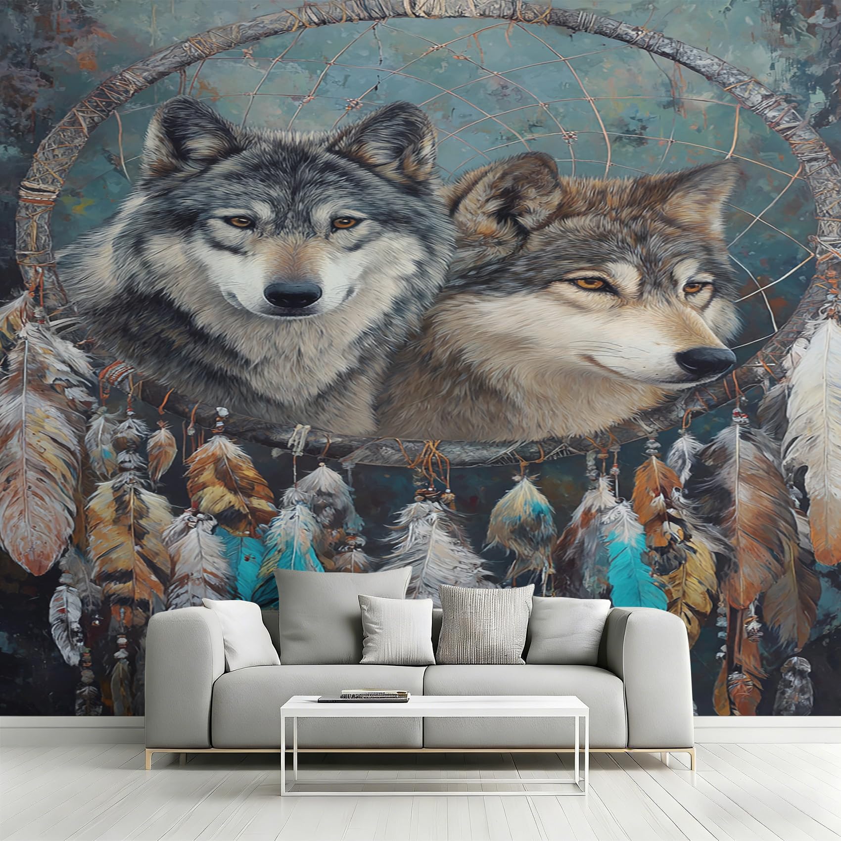 Fresque murale intissé loup et attrape rêves 450x315 cm grand format pour décoration salon chic