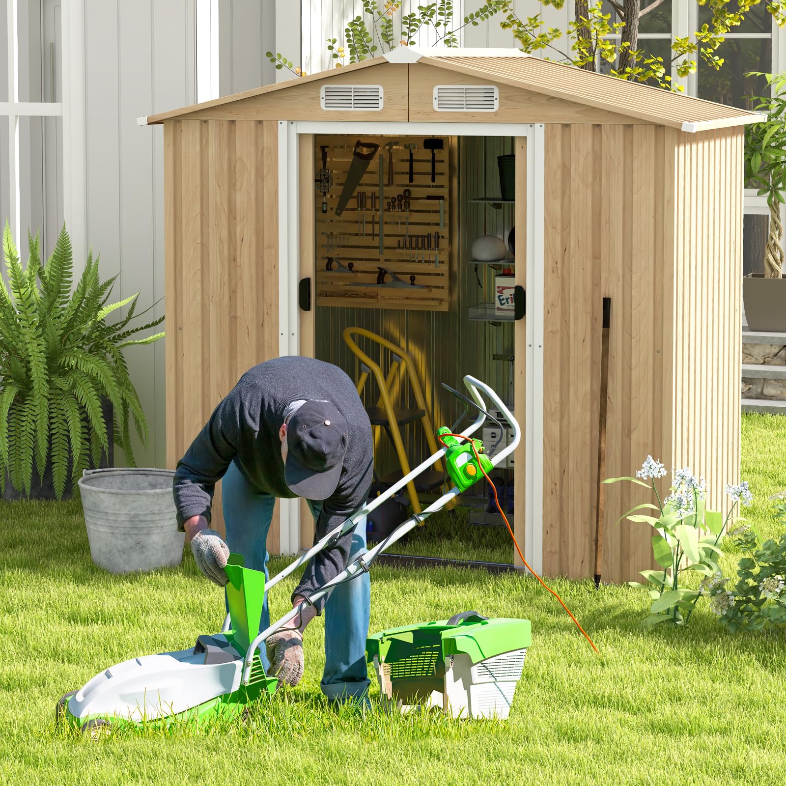 COSTWAY Casetta da Esterno 2,34㎡ Capanno Porta Attrezzi Lamiera Acciaio Zincata 196 x 142 x 186 cm