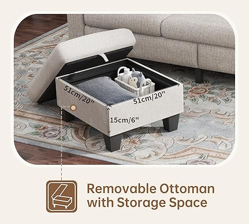 Miniatura 3 de Sofás seccionales para sala de estar, sofá convertible en forma de L con otomana de almacenamiento, sofá moderno de lino marrón moca, juego de