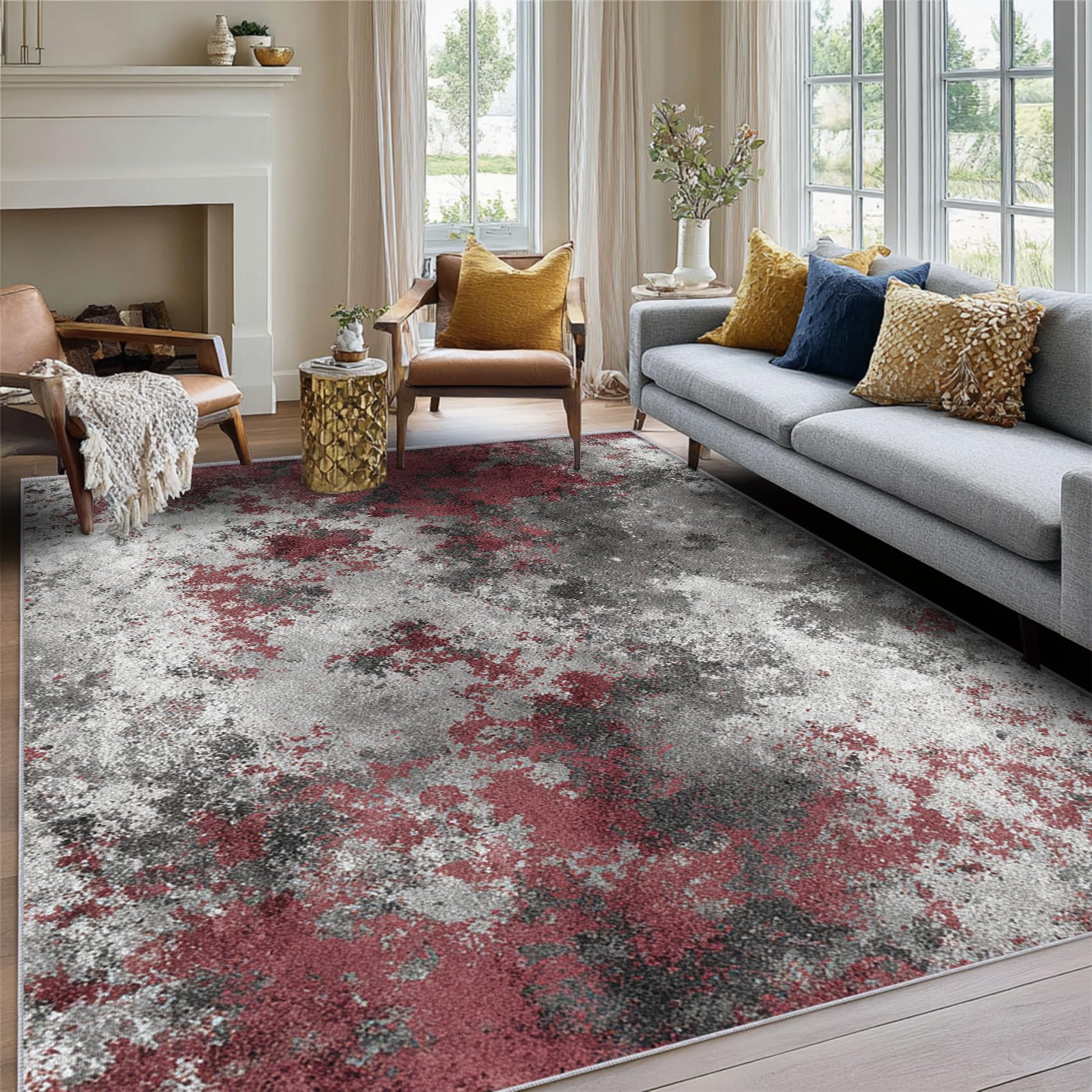 Vintage Rug for Living Room 160 x 230cm, Industrial Style Grey Burgundy Abstract Rugs Non Slip Low Pile Washable for Bedroom Kitchen, Vintage Decor Area Rug Home Accessories Carpet,