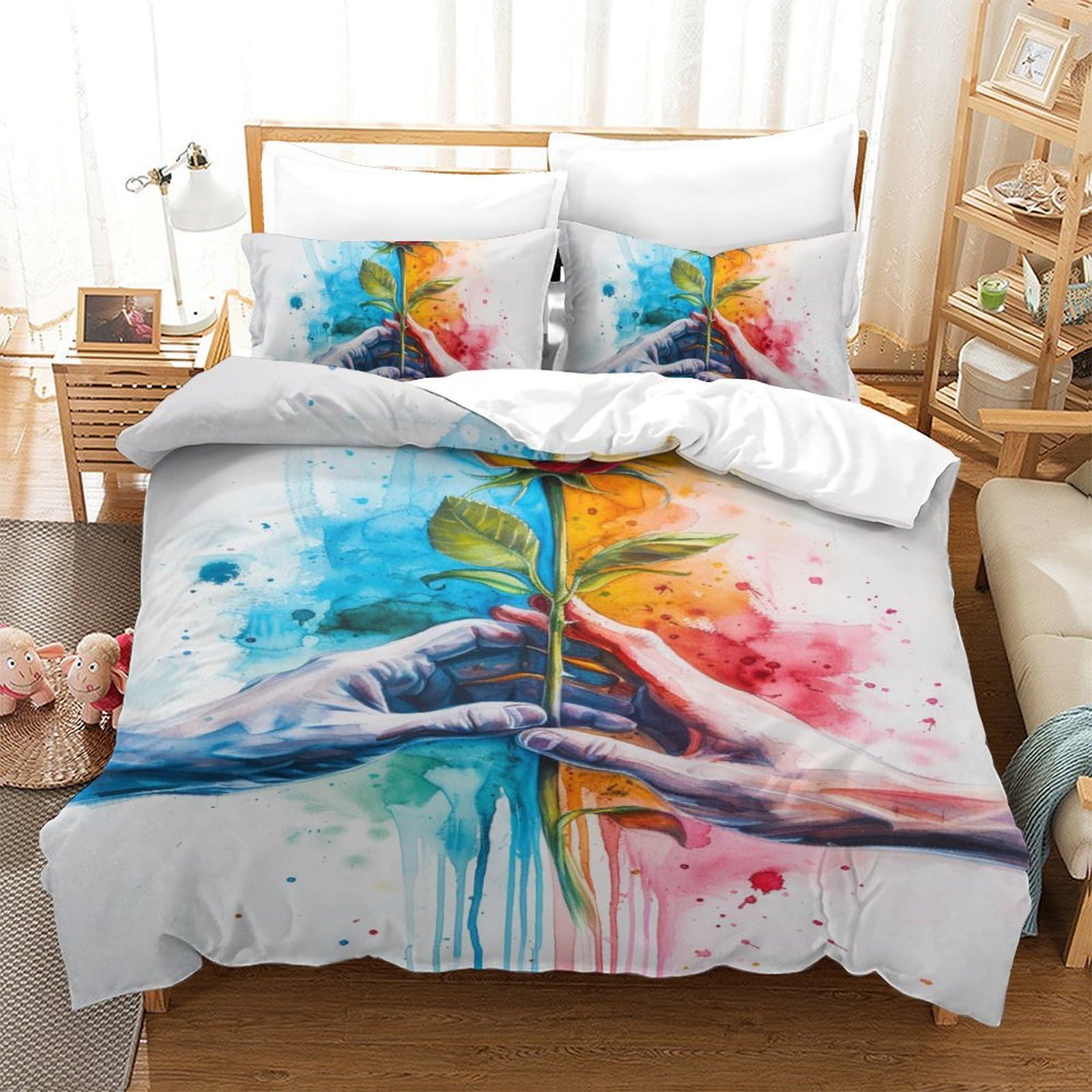 Parure de lit microfibre douce respirante housse de couette rose imprimé 3D 140x200cm