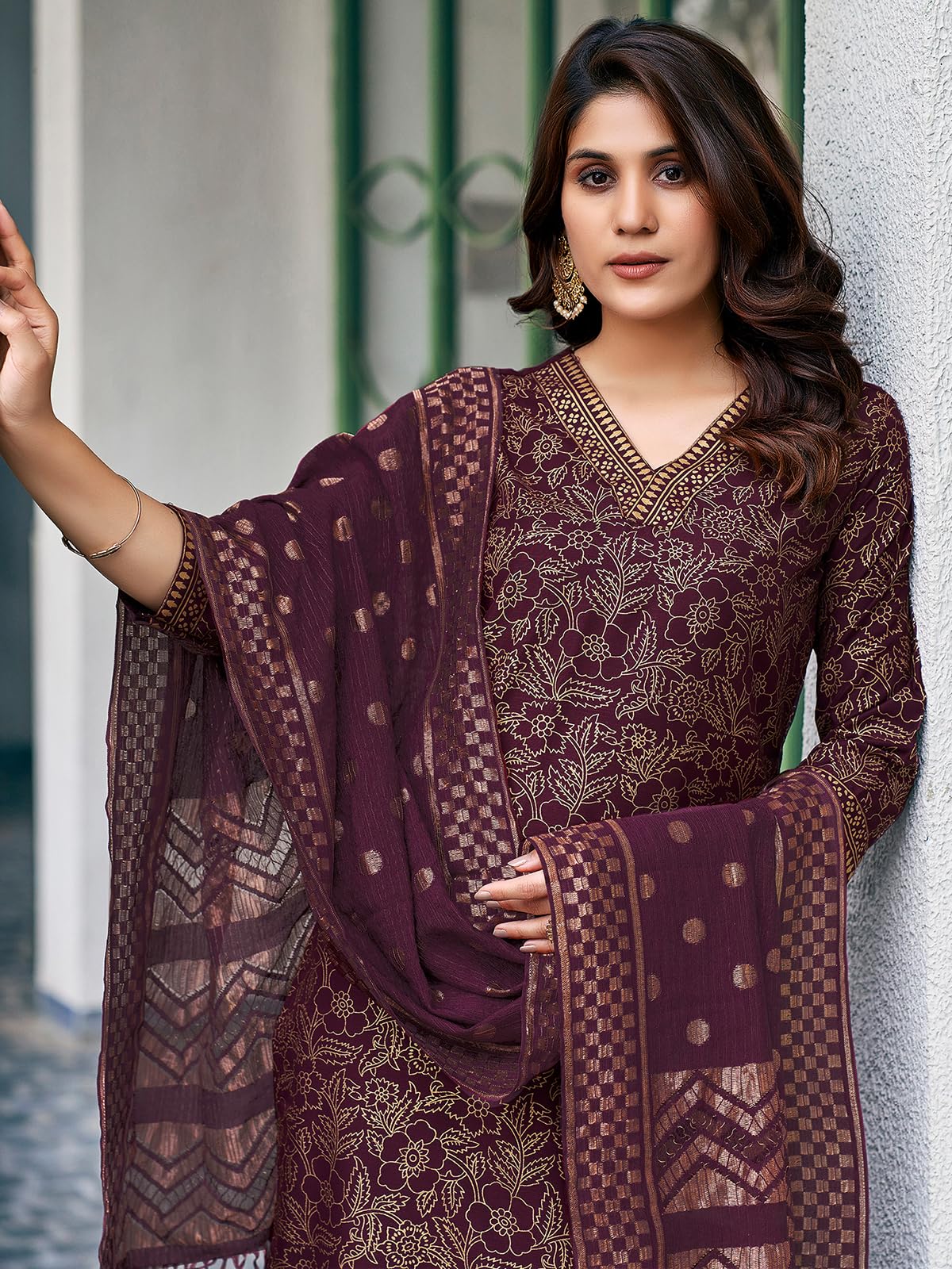 Sanisa Women's Art Silk Foil Printed Straight Kurta With Pant And Woven Dupatta (137Kbd1480Nz-Xxl_Wine)