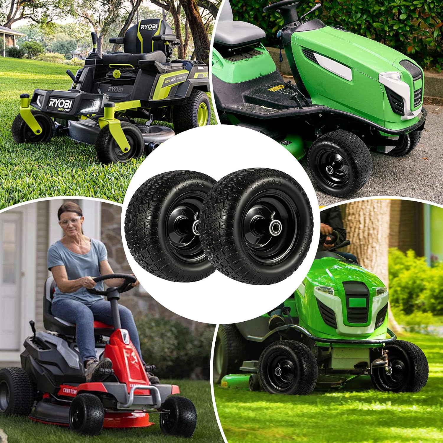 11x6.00-5" Lawn Mower Tire on Wheel Flat Free Pattern 2 PCS with 3/4" or 5/8" & 1/2" Bearings, 6" - 8" Centered Hub Solid Mower Wheel, Load 400lbs for Residential and Commercial Zero Turn Mower Tires