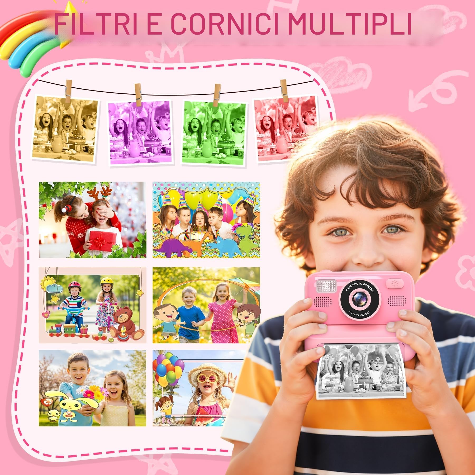 Macchina Fotografica Bambini, 2.4" HD Selfie Fotocamera Bambini con Scheda da 32 GB e 3 Rotoli di Carta da Stampa, Giochi Regalo Natale bambini bambino Nero digitale(Rosa)