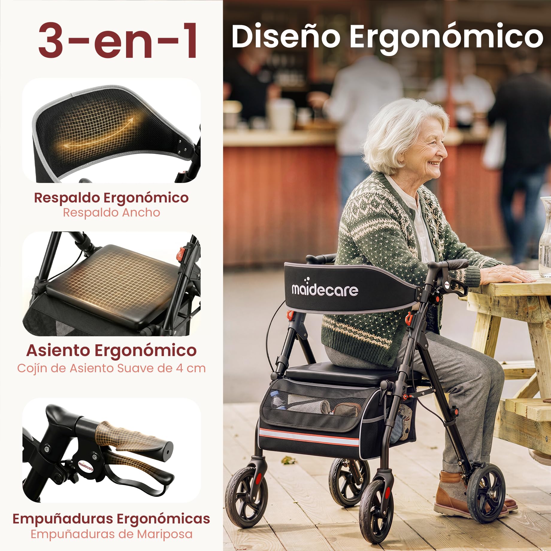 Andador con asiento y ruedas, plegable, 4 ruedas, para personas mayores y discapacitados, andador para exteriores/interiores, neumáticos todo terreno de 20 cm, mango ajustable en altura de 6