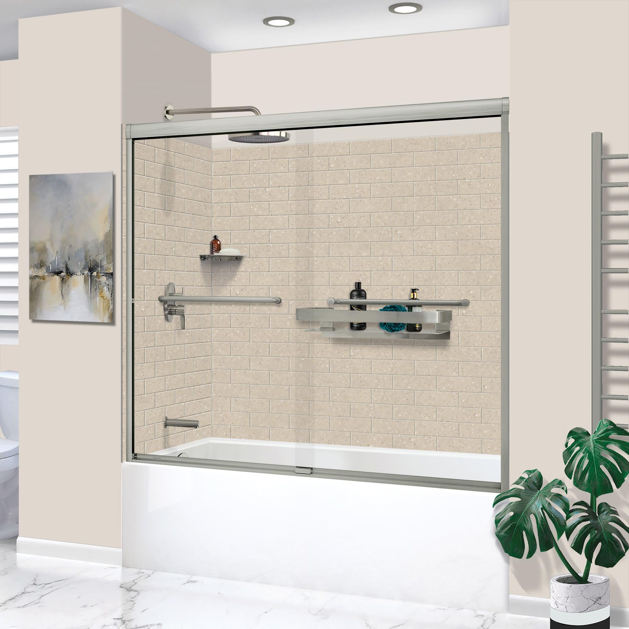 Transolid KTAFS603660L-28BS 60-in x 36-in x 80-in 7-Piece Glue-on Saramar Shower/Tub Kit with Door Faucet and Accessories, Cashew/Brushed Stainless