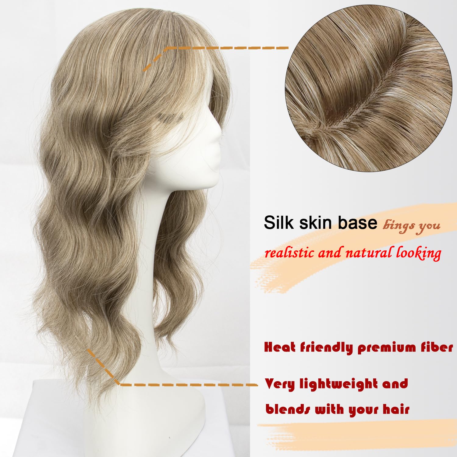 PORSMEER Brown Mix Blonde Hair Toppers for Women Ladies Add Hair Volume 20 inch Long Wavy HairPieces Replacement Clip In Wiglets with Fringe - Image 4