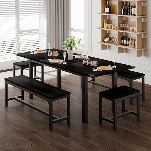 Feonase 5-Piece Dining Table Set for 4-8 People, 63" Large Extendable Kitchen Table Set with 2 Benches and 2 Square Stools, Dining Room Table with MDF Wood Board, Easy Assembly, Black