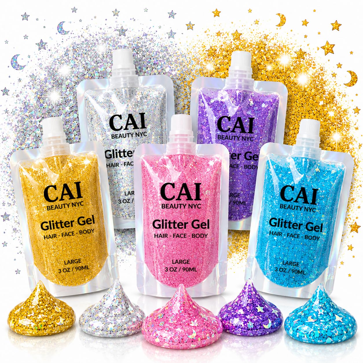 Body Glitter Gel- Face, Body & Hair (5 Pk Unicorn) Chunky Iridescent Holograph Stars & Moon, 3 oz | Cosmetic-Grade Makeup, Apply Without Glue, Easy to Take Off & Keep Skin Cleanat Raves