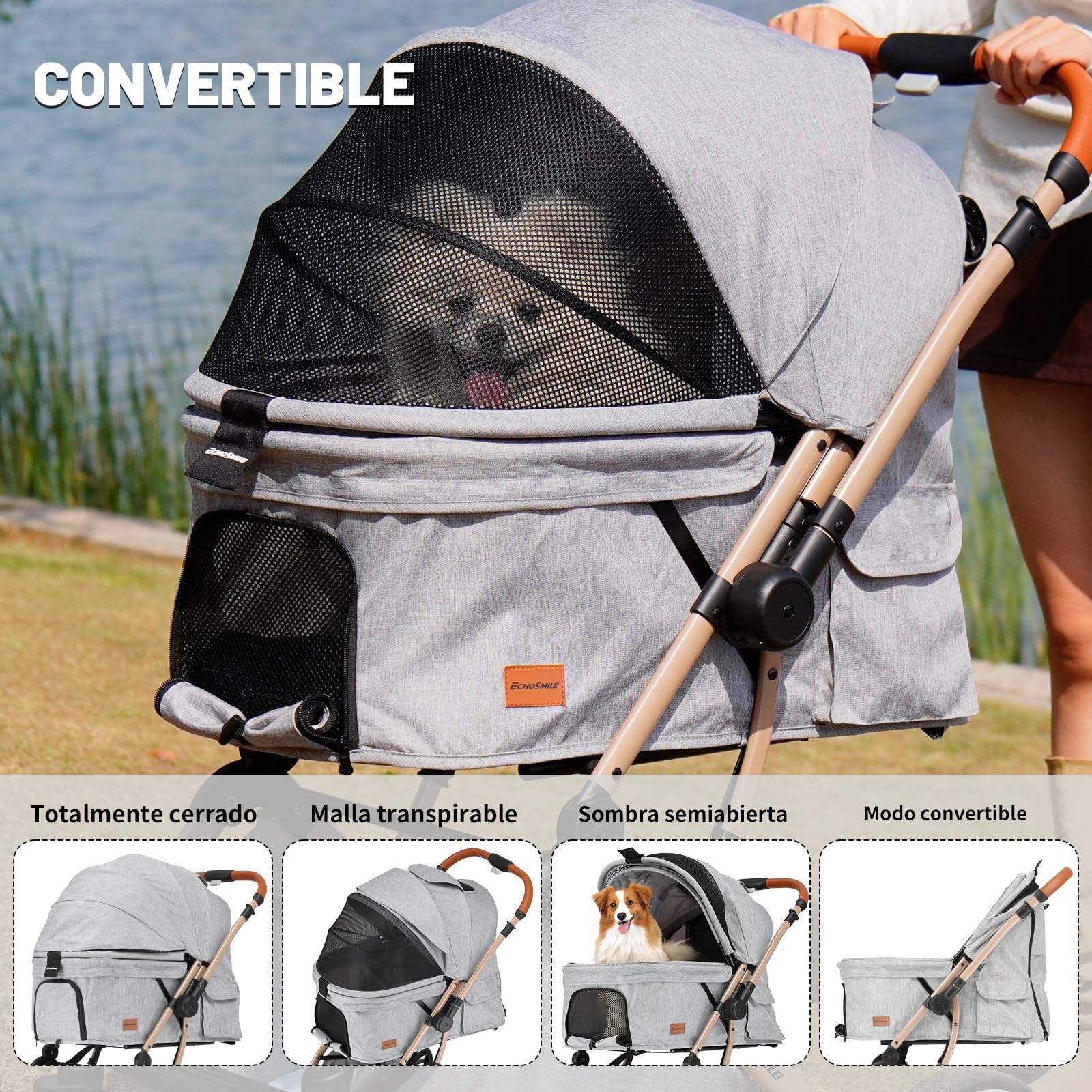 EchoSmile Carrito para Perros y Gatos Plegable con un Botón, Carro Perro 20 kg, Coche para Perros con Mango Reversible, Absorción de Impactos y Almohadilla Lavable Extraíble (Gris)