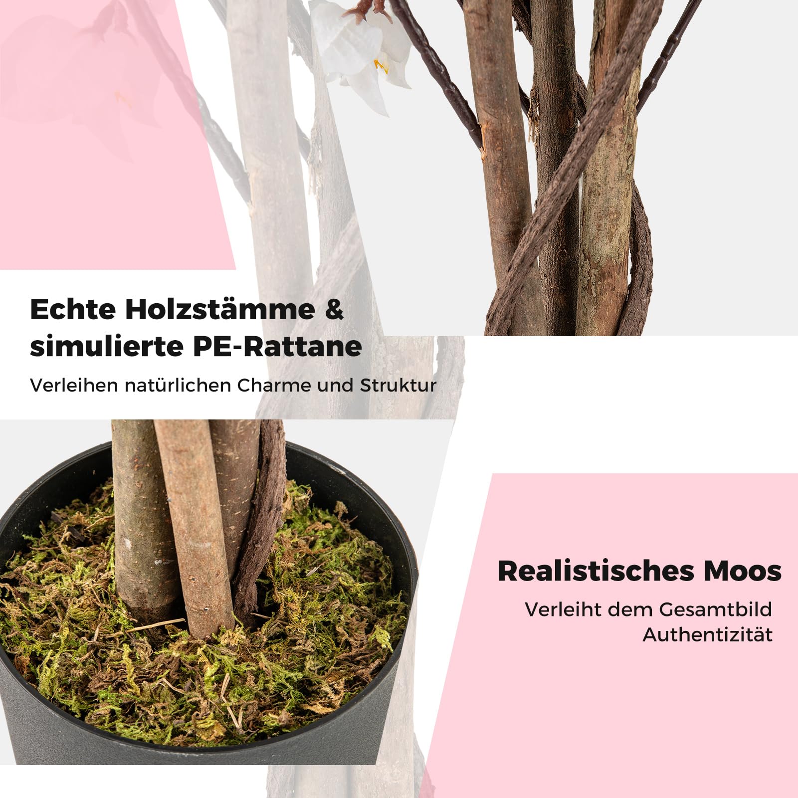 RELAX4LIFE Künstlicher Bougainvillea-Baum, 120cm Künstliche Blumenpflanze mit natürlichem Holzstamm, Kunstblumen Indoor Outdoor Pflanze Dekorationen für Huas, Büro, Hochzeit (Rosa,2)