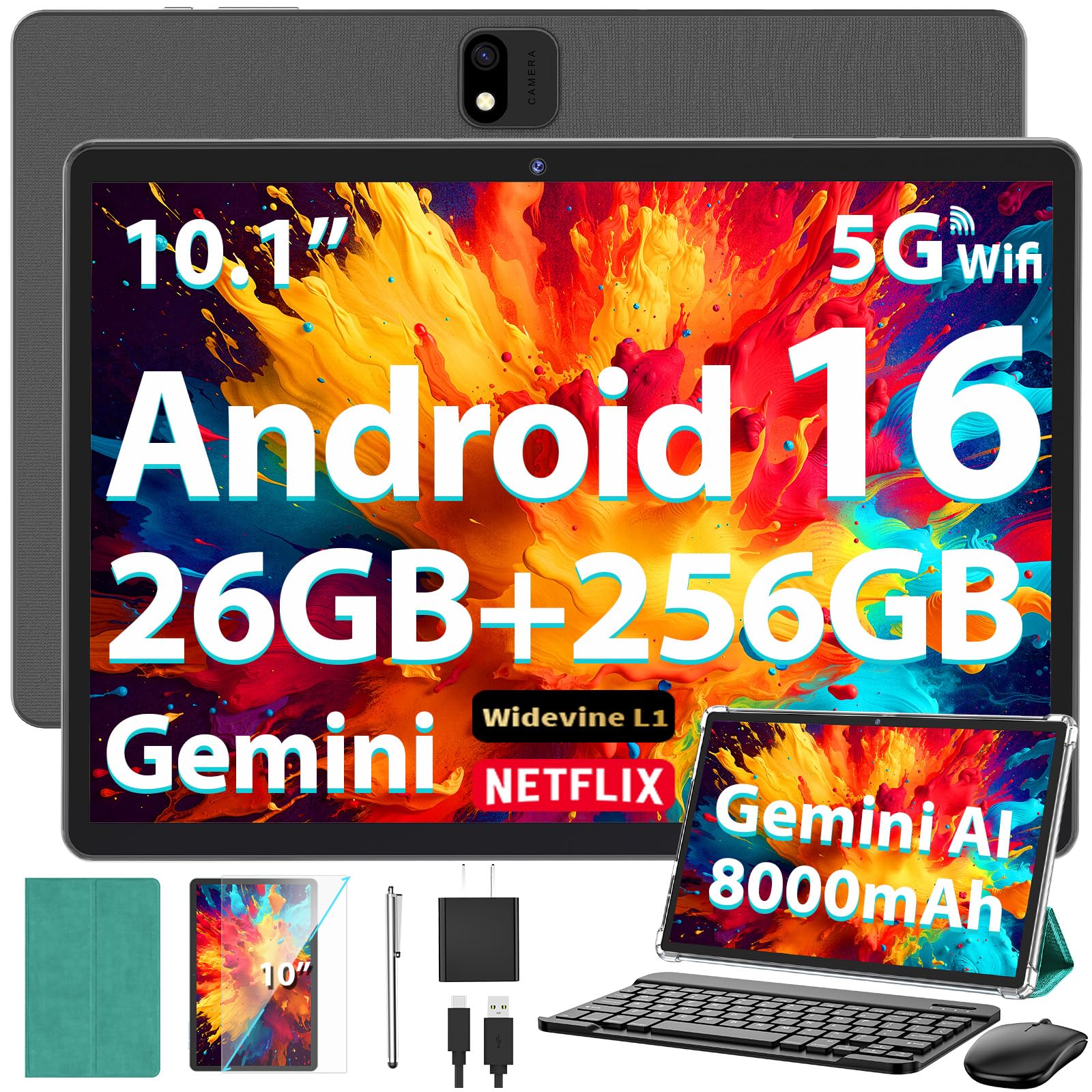 10 Inch Tablet with Keyboard, Gemini AI Android 16 Tablet with 26GB+256GB