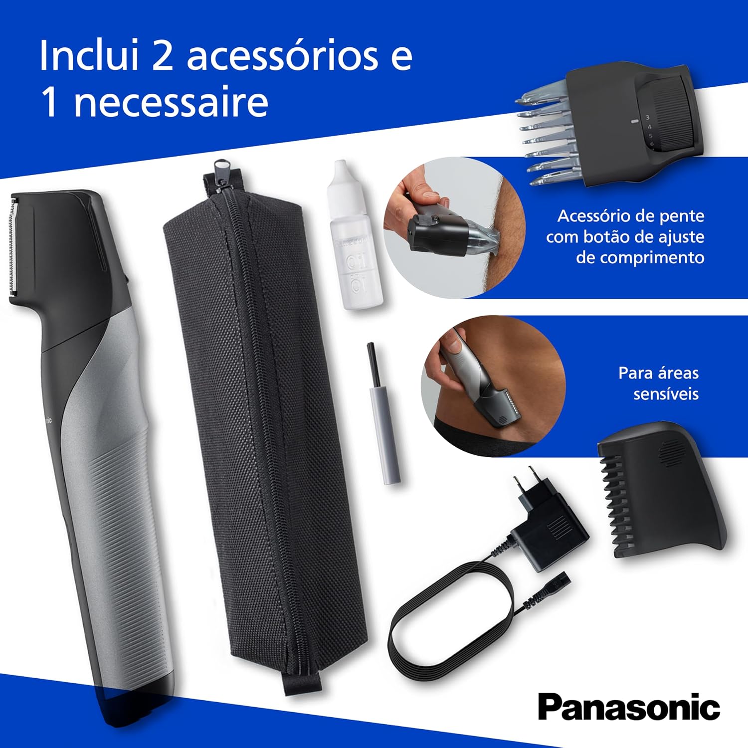 Aparador de pelos corporais para homens Panasonic V-Razor, aparador elétrico de uso seco/molhado, sem fio, com 2 acessórios, barbear multidirecional em áreas sensíveis - ER-GK80-S (Preto)