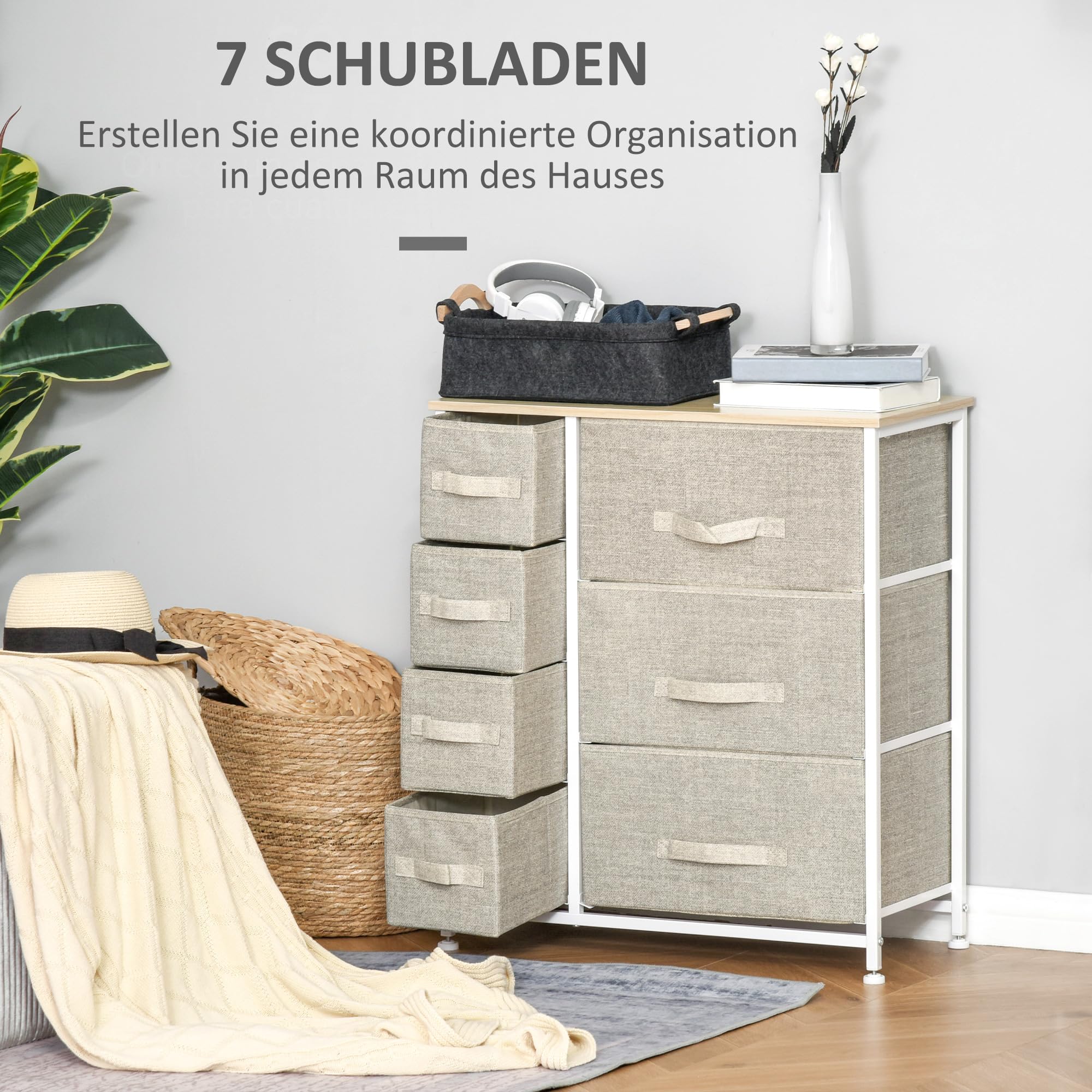 HOMCOM ladekast opbergkast met 7 opvouwbare stoffen lades metalen frame hout vliesstof grijs 63,5 x 30 x 71 cm