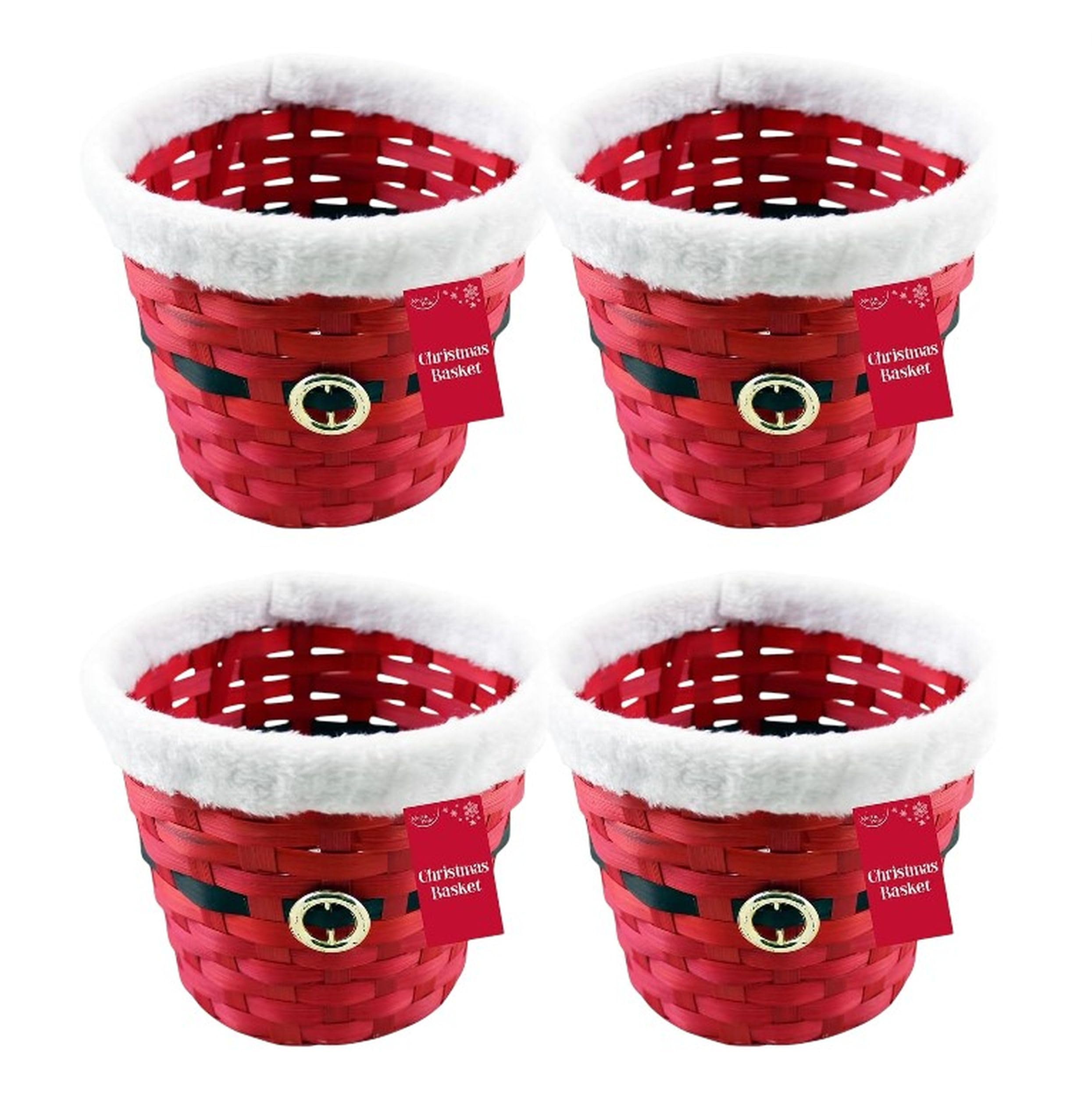 4 x Fill Your Own Christmas Hamper Basket - Small Round Gift Hamper Box - Red Santa Clause Woven Basket - Make Your Own Sweet Hamper Bouquet Or Christmas Table Centerpeice