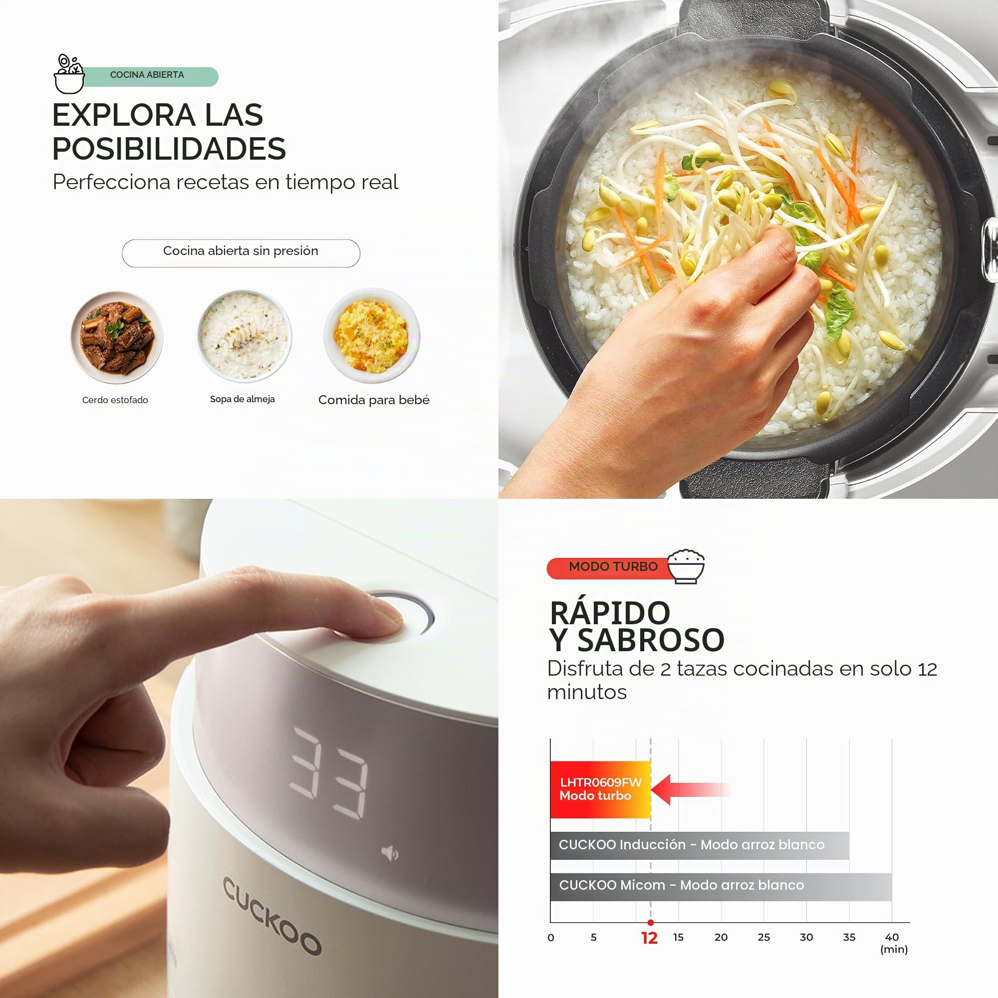 CUCKOO Arrocera y vaporizador con 16 programas, inducción, modo sin presión, función de cocción abierta, temporizador, olla interior de acero inoxidable antiadherente (hasta 10 personas), función de