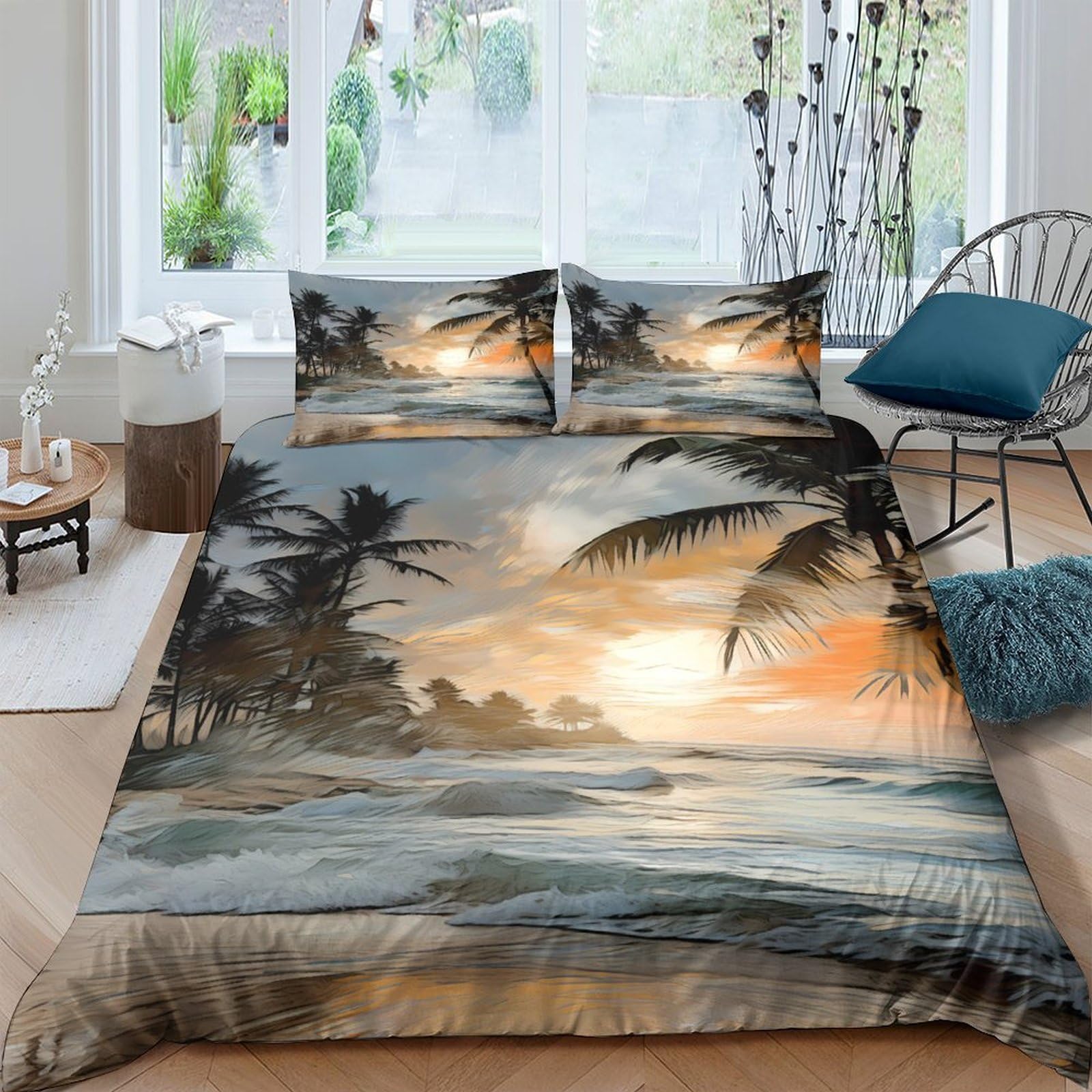 Ctjqhvkz Style-2 3D Printed Sunset Beach Fitted Sheet Microfiber Soft Palm Tree Mattress Cover For Bedroom Guest Room Decor Easy Care Single（135X200cm）
