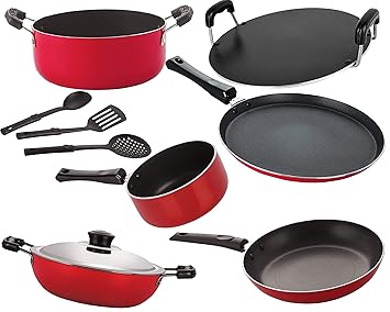 Nirlon Nonstick Cookware Set Standard, Dishwasher Safe, 9-Pieces, Red [26_FT13_DKDB_SPM_RT_Cass20_TP24_3SPN]