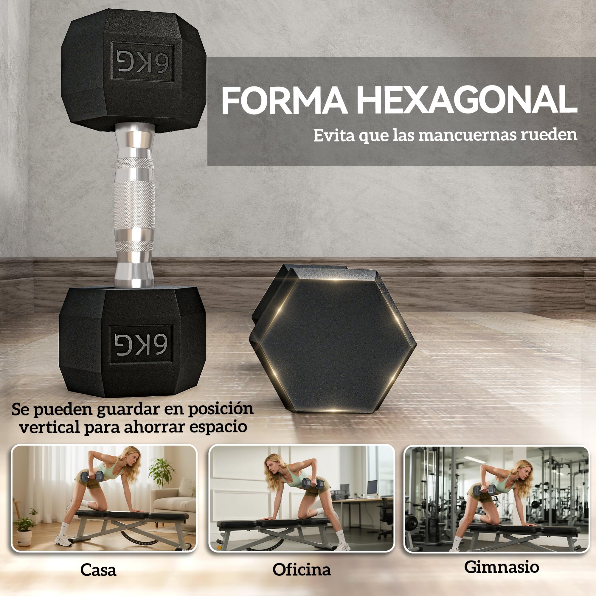 HOMCOM Juego de Mancuernas Hexagonales 2 x 6 kg Kit de Pesas con Barras de Conexión para Entrenamiento Fitness Gimnasio en Casa