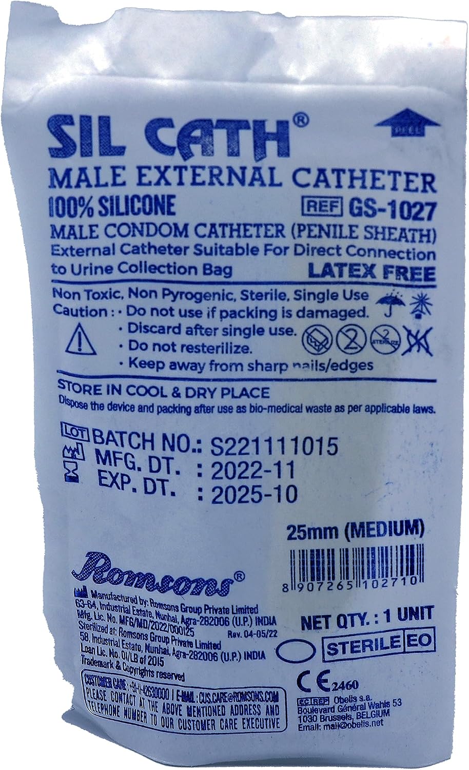 25-Units Silicone Urinal Bag Male External Catheter Single use with Adhesive Strip (Medium 25 mm 1 Inches)