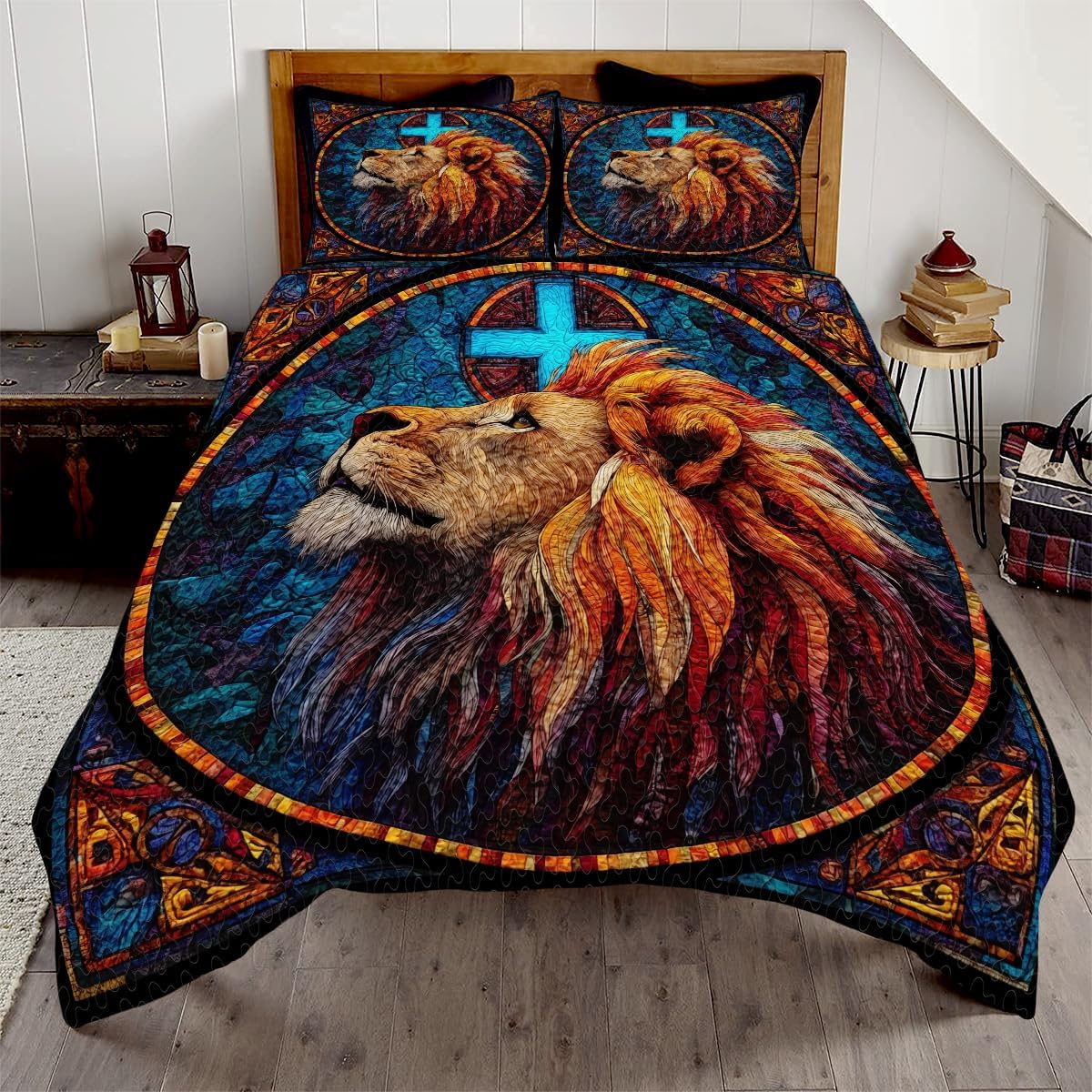 Personalized Patchwork Lion Quilt Set, Tribal Safari Jungle Animal Bedding, Wild Lion Bedspread for Men Boys Bedroom Decor Twin Queen King Size (Patchwork Lion)