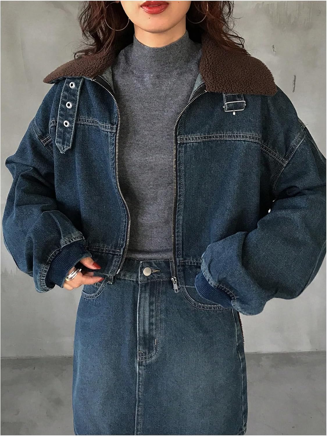 MakeMeChic Women's Contrast Cropped Denim Jacket Long Sleeve Buckle Zip Up Jean Coats - Image 2