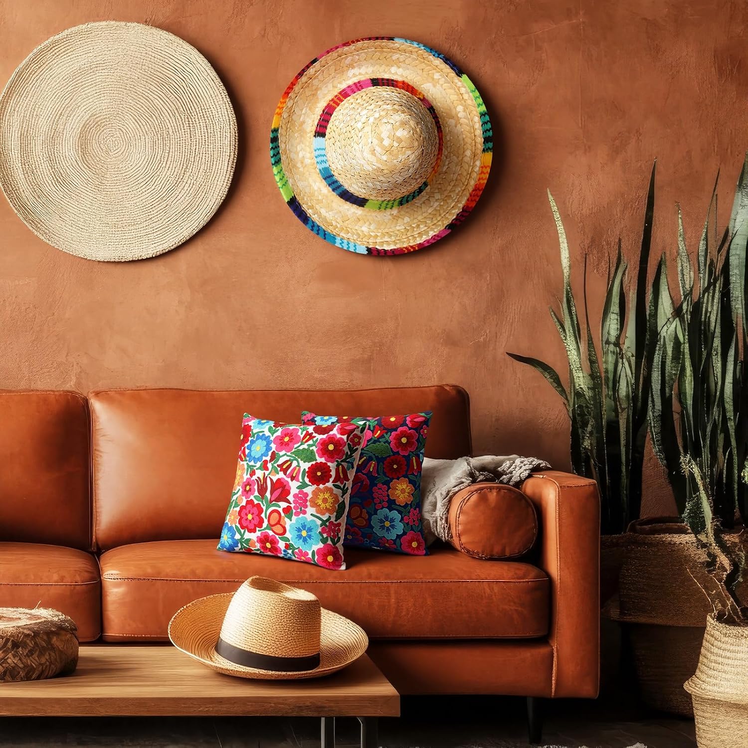 HunnmingRe 2 Pcs Mexican Boho Throw Pillow Covers 18 x 18 Inch Embroidery Colorful Floral Throw Pillows Ethnic Decorative Fiesta Cushion Covers for Bed Couch Sofa Home Decor(White,Blue)