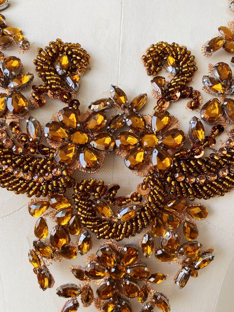 Handmade Orange Rhinestone & Bead Applique Patch - Lace Trim For Dresses & Neckline Embellishment