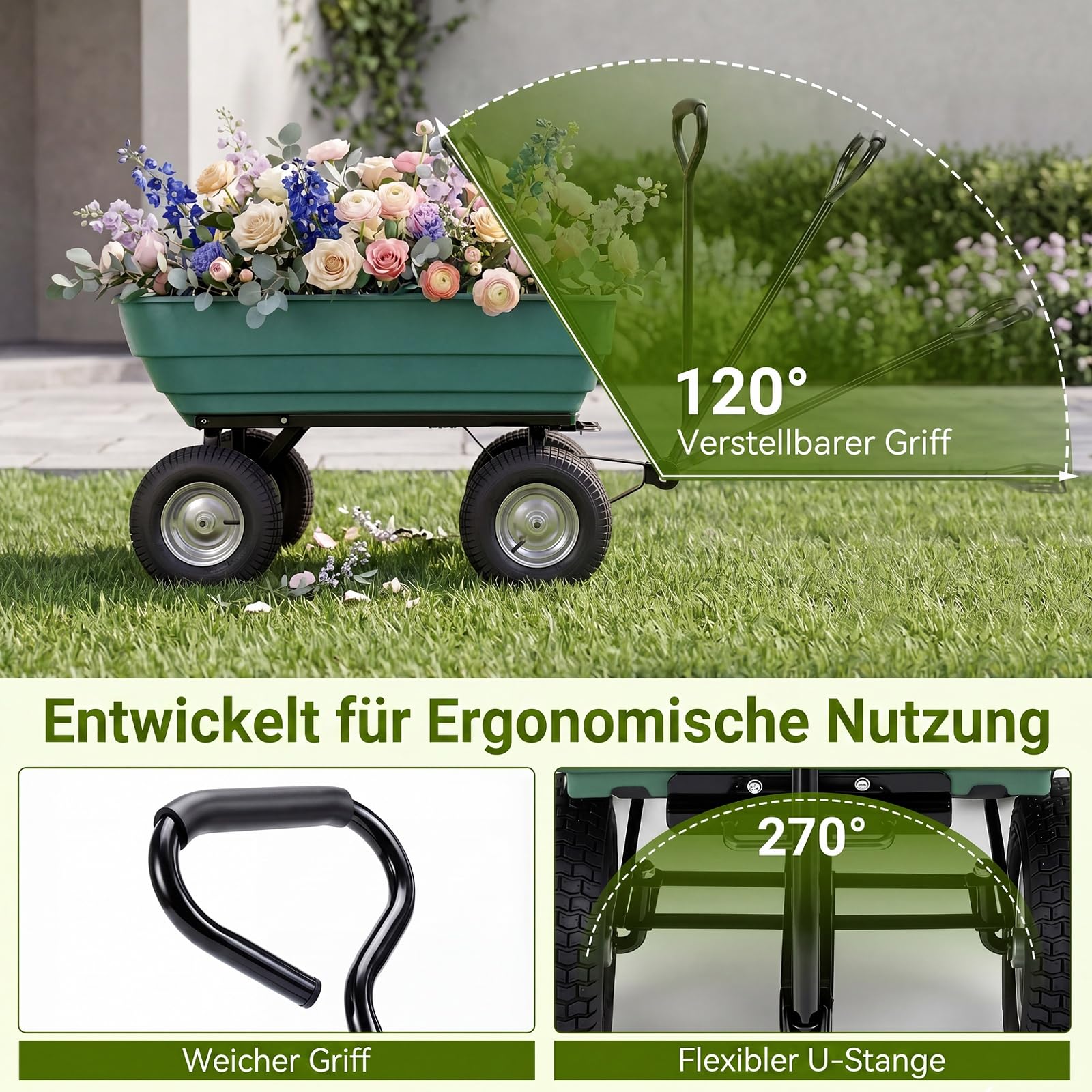 COSTWAY Bollerwagen, 400 kg | 125 L | Kippfunktion, Gartenwagen mit verstellbarem Griff & Luftreifen, Transportwagen Metall, Kippwagen Sackkarre, für Garten, Hof, Camping, 120x56x61,5 cm, Schwarz