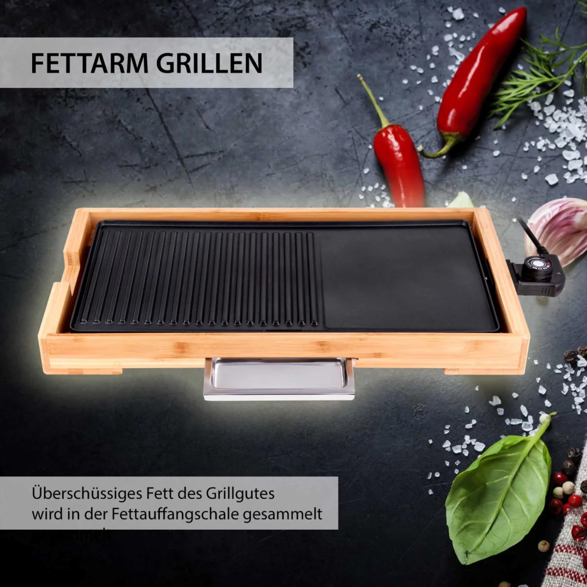 Syntrox Germany Elektrogrill Plancha Splendira, Tischgrill, 2200 Watt, Kontaktgrill, Grillplatte, Campinggrill, Antihaftbeschichtete Grillplatten, inklusive Thermostat, Schwarz-Bambus