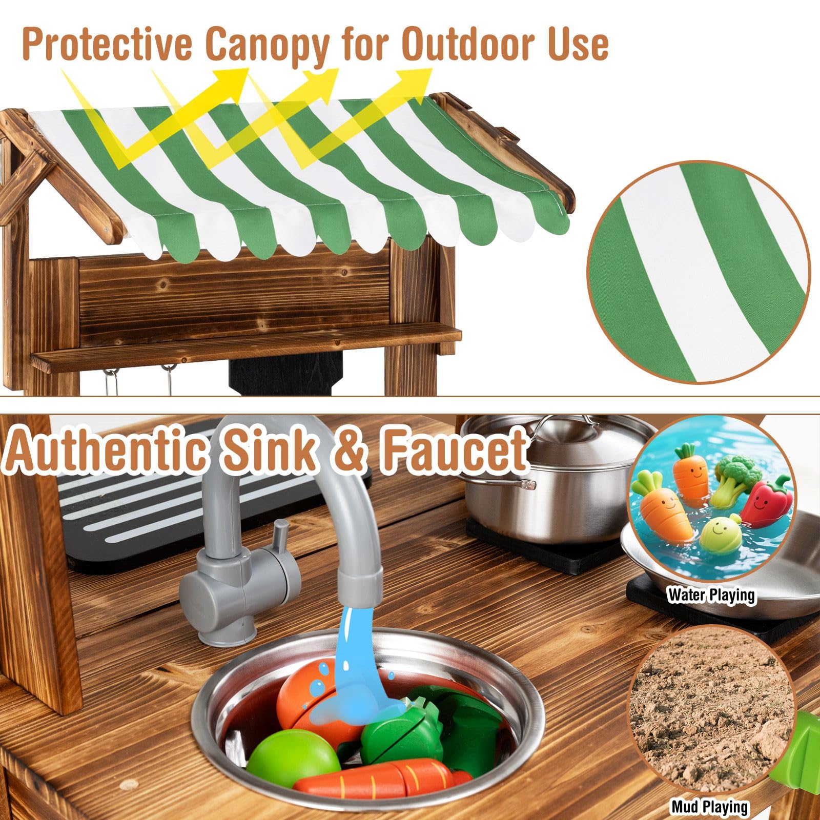 HOMASIS Cuisine d'extérieur en Bois avec auvent, Cuisine Jouet pour Enfants Double Face avec Tableau Noir, Robinet, 4 ustensiles et 2 Crochets, Barbecue Jouet pour Enfants à partir de 3 Ans, Vert
