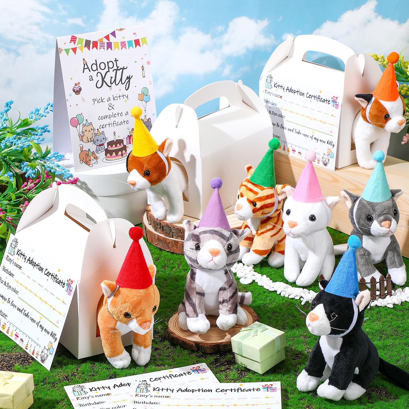 HyDren 25 piezas de regalos de fiesta de adoptar gato, incluye letrero de adoptar un gatito, 8 certificados de adopción de gatitos, 8 mini gatos de peluche, 8 sombreros de cumpleaños, 8 cajas de papel
