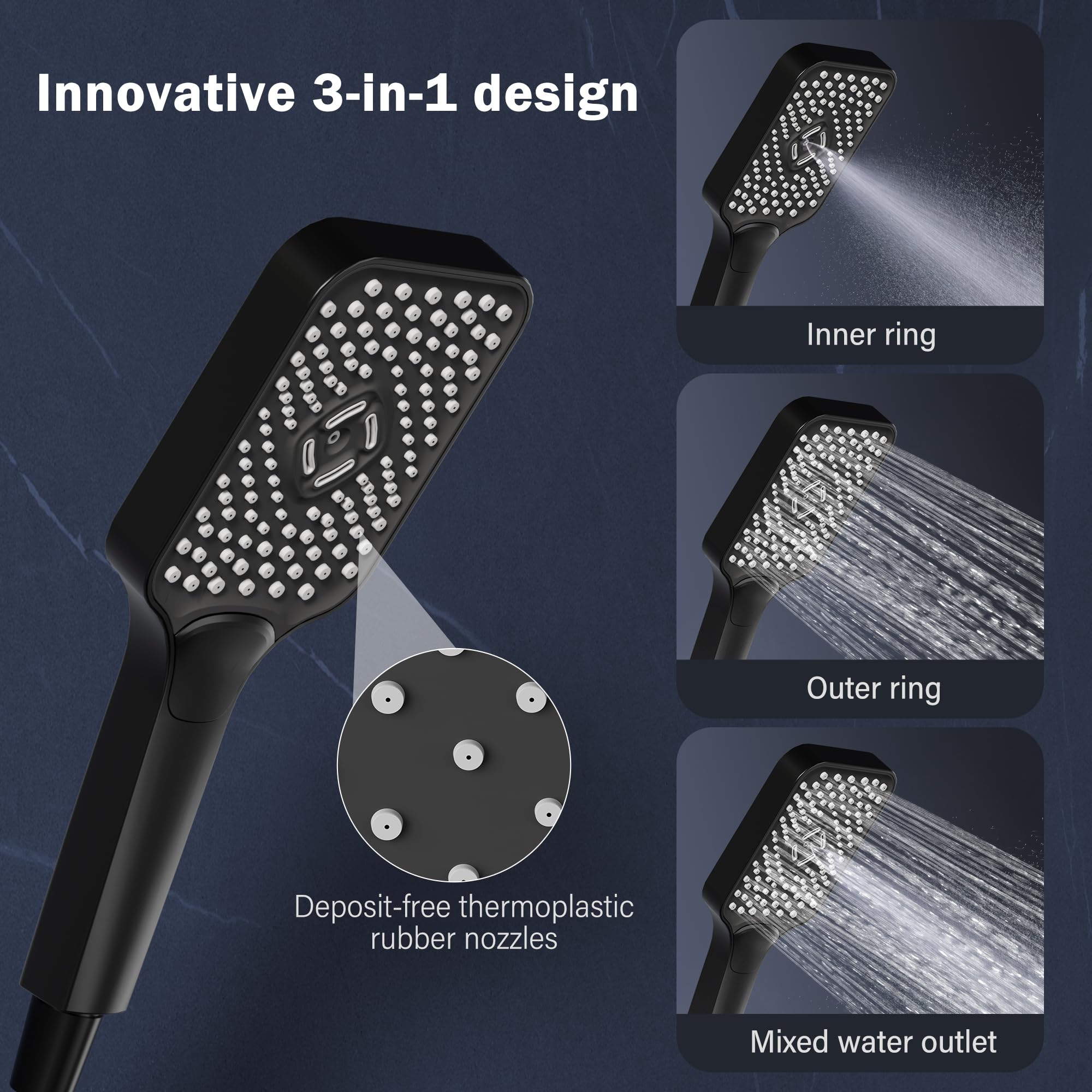 Columna de ducha de lluvia negra sin grifería con estante – mecanismo de ducha ajustable – Cabezal cuadrado de acero inoxidable 30x20.5 cm – Barra de ducha y rociador superior – Tubo cuadrado – Color: