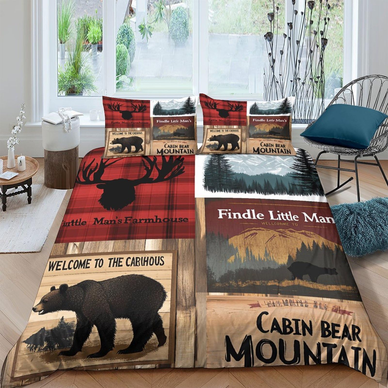 Ctjqhvkz Style-8 3D Printed Cabin Bear Plaid Fitted Sheet Microfiber Soft Rustic Forest Mountain Bed Cover For Bedroom Guest Room Home Decor Single（135X200cm）