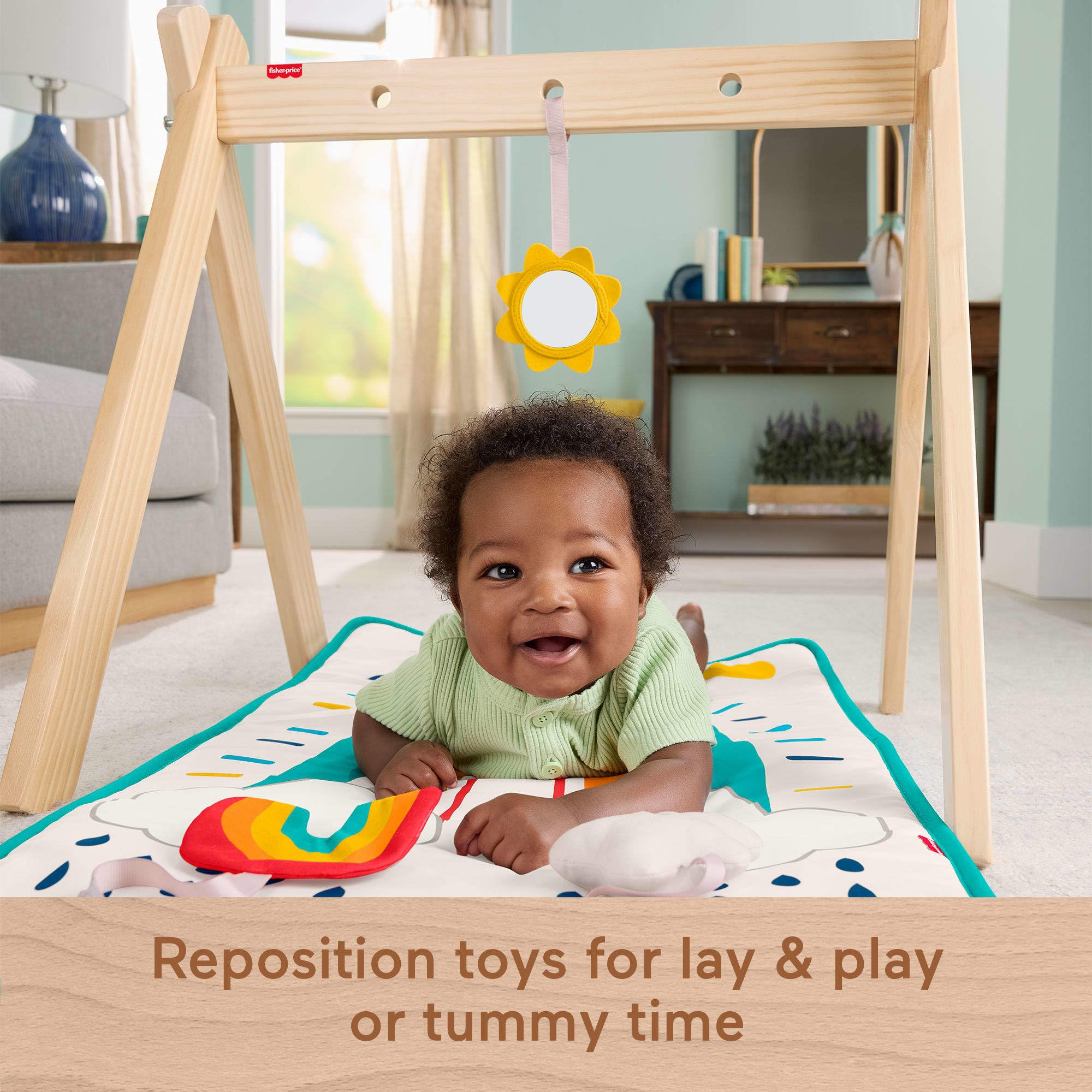 Fisher-Price Tappetino da Gioco in Legno Activity Gym con Telaio in Legno, 3 attività sensoriali per Gioco di Sviluppo Neonato a Partire da 0 Mesi