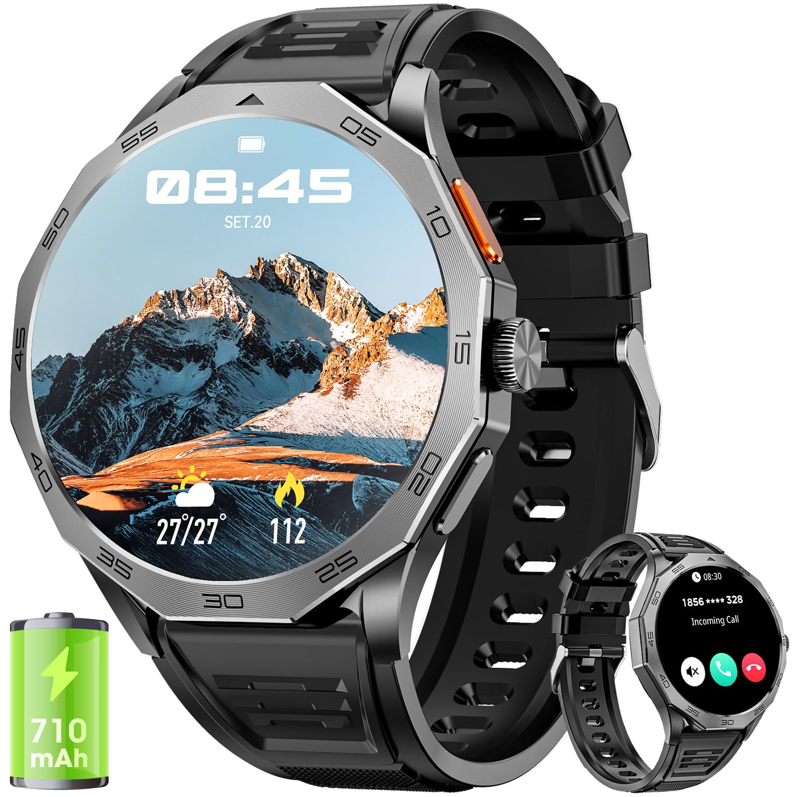 Orologio Militare Uomo 1.85" HD 710mAh IP68 Impermeabile Smartwatch Uomo con Chiamate Bluetooth Smart Watch con Sonno/Cardiofrequenzimetro Orologio Smartwatch Compatibile iOS Android, Nero