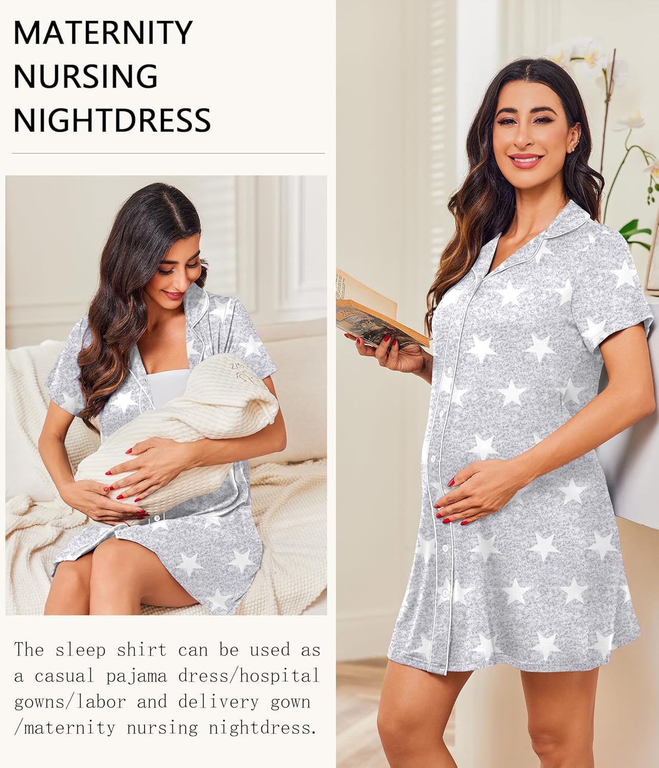 Ekouaer Nightgowns for Women Button Down Night Gowns Short Sleeve Night Dress Notch Collar Sleep Shirt Pajama Dress S-3XL - Image 5
