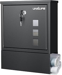 Uniclife Wall Mount Mailbox, Mailboxes for Outside, Large Modern Mail Box with Key Lock, Security Locking Drop Box for Newspaper House Office Outdoor, Black