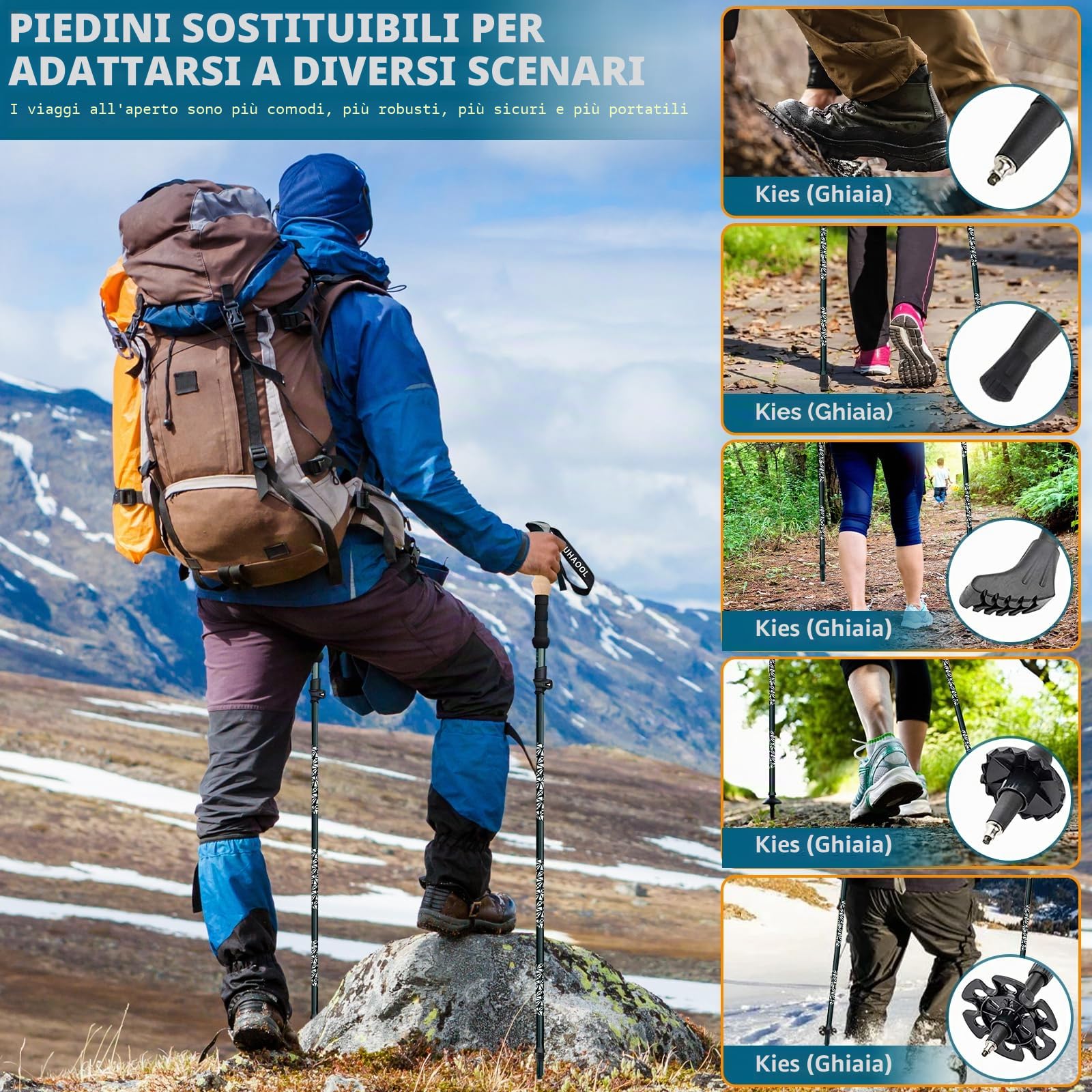 Bastoni Trekking Bastoncini da Trekking, 2 Pezzi Nordic Walking Nordic Walking Bastoncini Pieghevole Regolabile 108-139cm, Bastoncini Trekking Carbonio Allu 7075 con 5 Paia di Puntali in Gomma