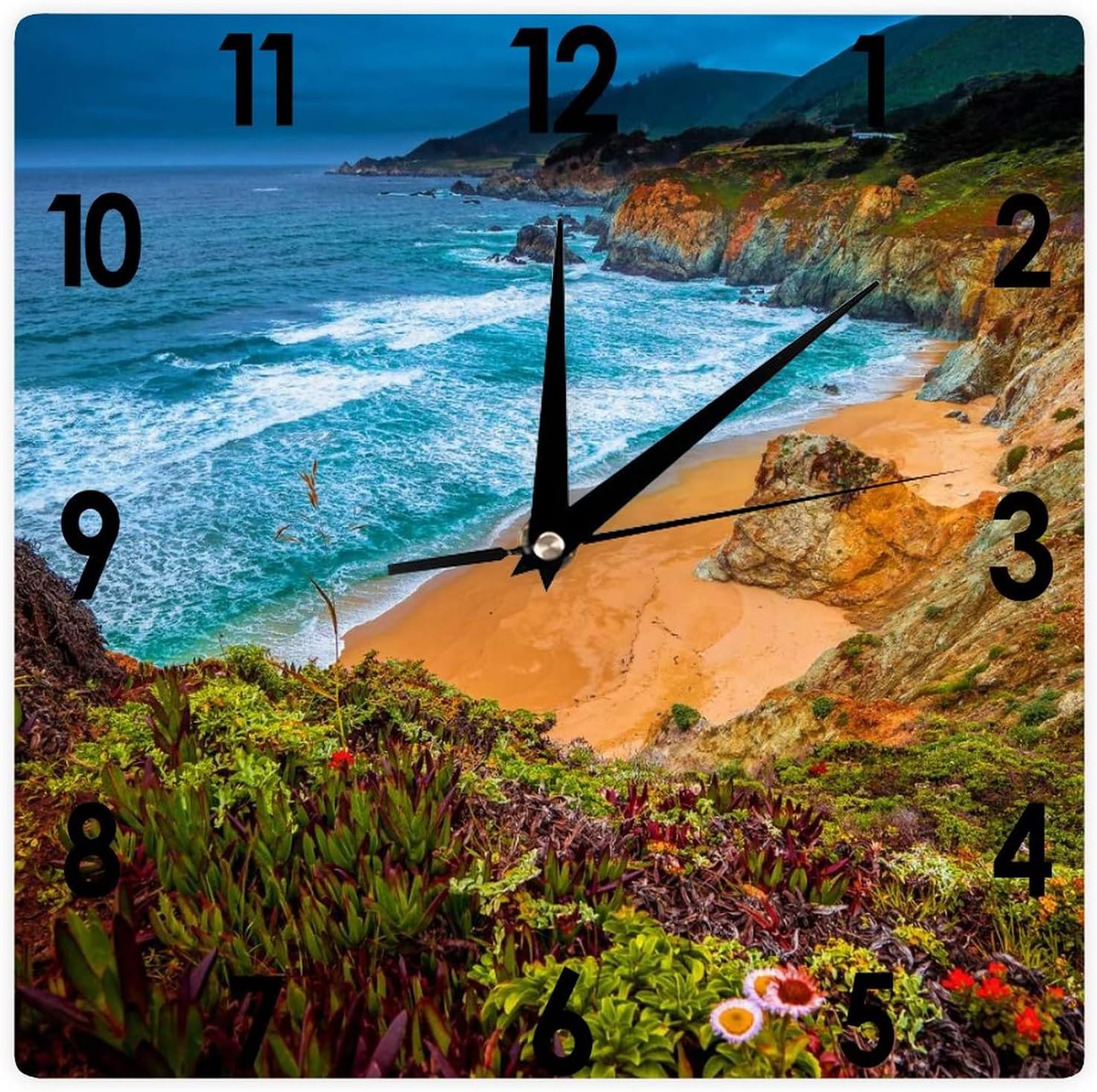 Square Wall Clock Julia Pfeiffer Burns State Park, Big Sur, Ocean, Coast, USA Silent Non-Ticking Clock 12 Inch, Battery Operated Accurate Landscape/Cityscape Farmhouse/Home/Office Decor, Made in USA