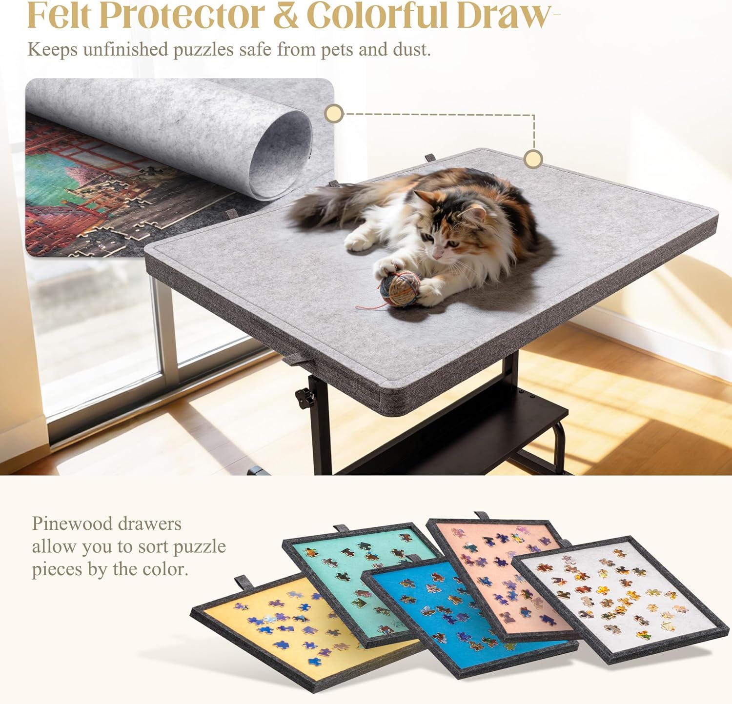 Tektalk 1500 Piece Felt Jigsaw Puzzle Table with Height & Angle Adjustment, Puzzle Board with Felt Cover & 5 Sorting Trays/Drawers, Easel with Legs, Enclosed with 4 Roller Wheels - Gray